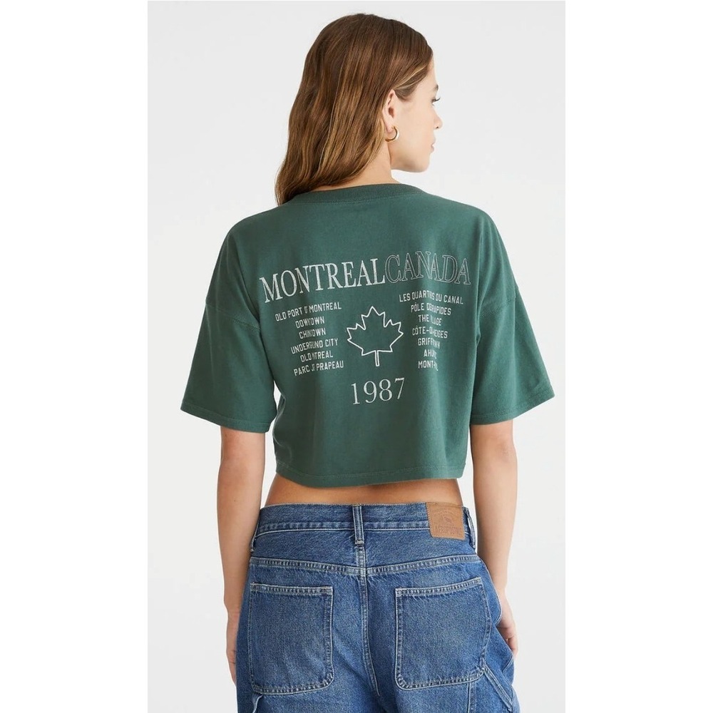 Aeropostale Montreal Cropped Tee Sz L Green White Boyfriend Style Streetwear - Picture 2 of 6